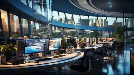 Fototapeta premium A call center - office - sleek workstations, and a bright, inviting atmosphere. Expansive space, serense vibe. Computers, bureau, data