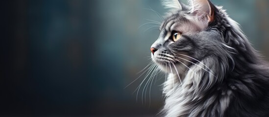 Adorable grey Norwegian forest cat observing and hearing