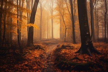 Enchanting autumn forest with brown tones and mist. Morning atmosphere with fallen leaves and foggy magic. Generative AI