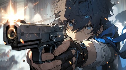 Anime guy shoots a gun, close-up
 - obrazy, fototapety, plakaty