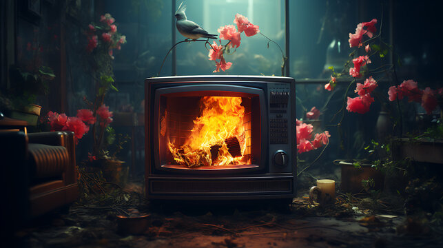 Old tv standing in old dusty room with burning fire in it. - Concept art