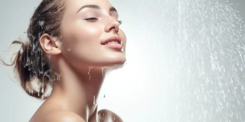 Fotobehang Fresh shower on sensitive soft skin concept on white background Generative AI © LayerAce.com