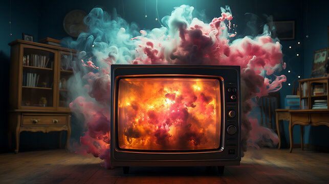Old tv with burning colorful smokes - Concept art