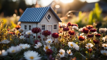 Fototapeta na wymiar Miniature White Toy House Hearts Flowers, Background Image, Valentine Background Images, Hd