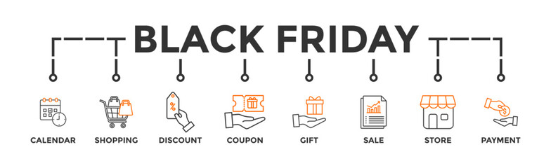 Black friday banner web with icon of calendar, shopping, discount, coupon, gift, sale, store, payment