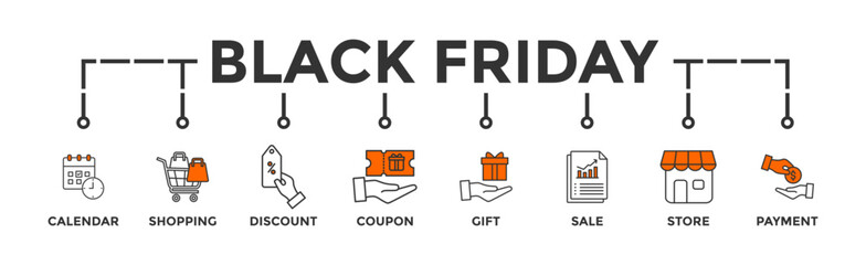 Black friday banner web with icon of calendar, shopping, discount, coupon, gift, sale, store, payment