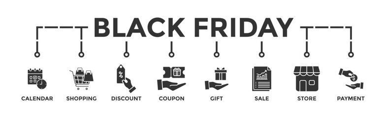 Black friday banner web with icon of calendar, shopping, discount, coupon, gift, sale, store, payment