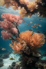 Naklejka na ściany i meble Beautiful underwater world with coral reefs, algae and fish. Ecosystem, ocean, nature concepts