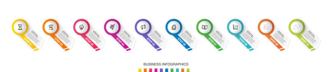 Business vector infographics with 10 circles and arrows. Timeline visualization with ten steps for diagram, flowchart, banner, presentations, web, content, levels, chart, graphic