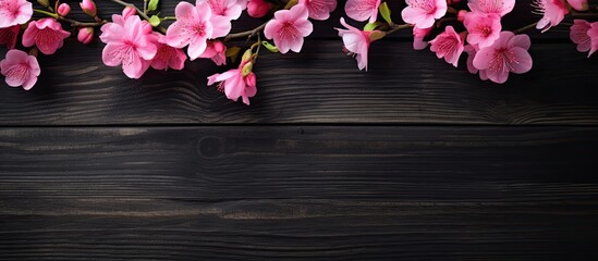 Vintage black wooden background adorned with pink flowers