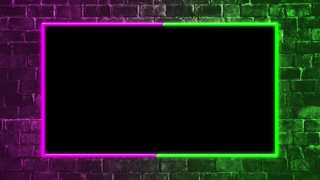 Neon frame isolated by alpha channel. Seamless loop.Animated facecam or webcam. Neon lights rotate and spread colorful light on the brick wall.Drag and drop use.purple and green background.