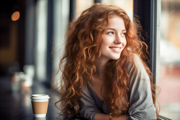 A beautiful young woman with long red hair sitting in a coffee shop
