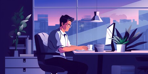 Business, flat color vector type illustration of a man working on a computer
