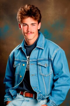 a young man posing with a blue jacket and jeans,  in 80&acute;s or 90&acute;s american yearbook vintage retro  style 