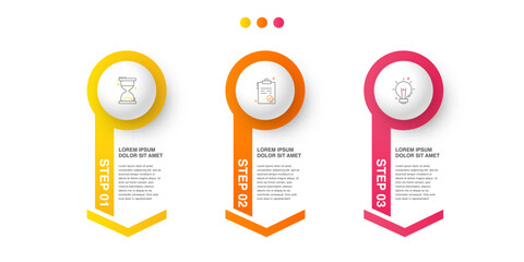 Vector modern infographic with 3 circles and arrows. 3D concept graphic process template with three steps and icons. Timeline for the business project on white background - obrazy, fototapety, plakaty