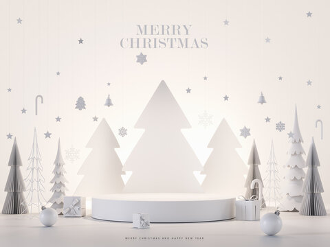 Christmas greeting card. White paper pine trees with empty stage for product presentation. Christmas mockup white background with empty podium and Christmas decoration. 3D Rendering, 3D Illustration