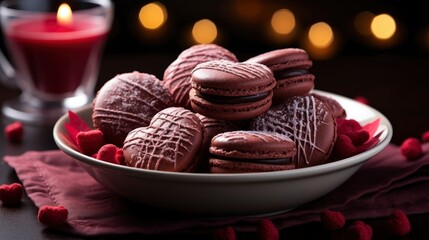 Fototapeta na wymiar Plate Tasty Heartshaped Macaroons, Background Image, Valentine Background Images, Hd