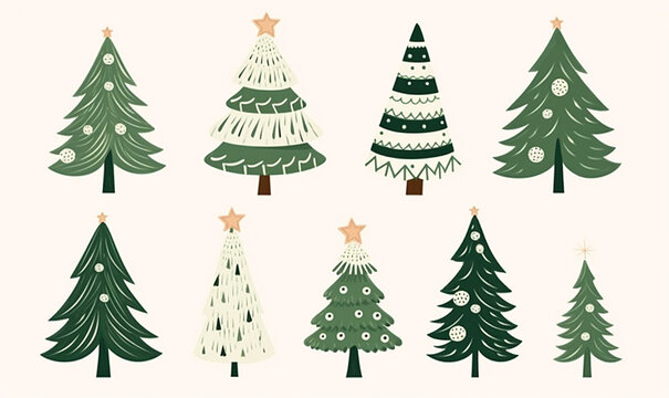 Icon set of fir trees. Decoration for New Year, winter holidays. Set of cartoon Christmas trees for greeting card. Stickers with simple background.