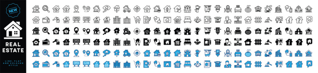 Real Estate web icon set. House, realty, property, mortgage, home loan, rent, building, key, buy, sell, insurance and more for apps and websites. Outline icons collection. Vector illustration - obrazy, fototapety, plakaty
