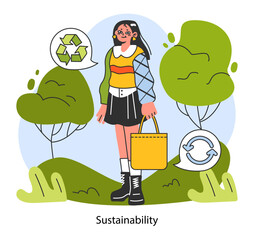 Sustainable living. Woman with a textile bag. Environmental protection and social responsibility. Climate and nature preservation. Sustainability concept. Flat vector illustration
