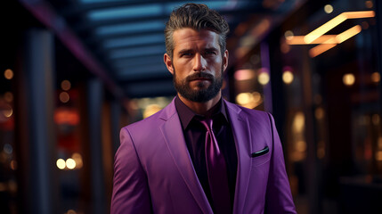 Stylish Contemporary Male Model in Trendy Purple Outfit for Fashion Magazine Editorial