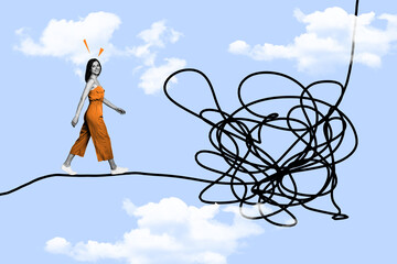 Side photo collage of steps young woman find solution difficult situation problems psychedelic...