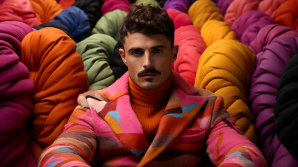 Vibrant Contemporary Male Model in Trendy Rainbow Outfit for Fashion Magazine Editorial