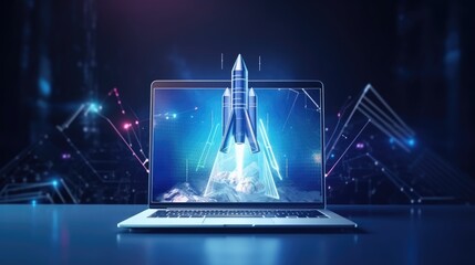 Abstract rocket launch from laptop start up - obrazy, fototapety, plakaty