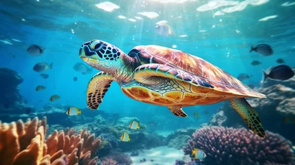 Fotobehang A beautiful sea turtle swims among various algae and corals in the sea or ocean. Marine inhabitants. Colorful exotic fish species around. Generative AI. © Nikolai