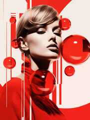 Fashion portrait of beautiful woman with red glossy balls, pop-art fusion style, magazine cover