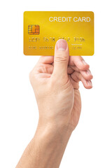 The man's hand holds a gold credit card isolated on white background.