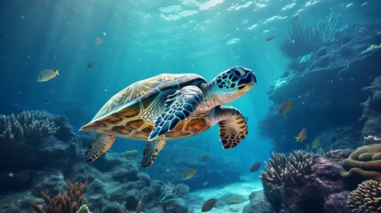 Obraz premium A beautiful sea turtle swims among various algae and corals in the sea or ocean. Marine inhabitants. Colorful exotic fish species around. Generative AI.