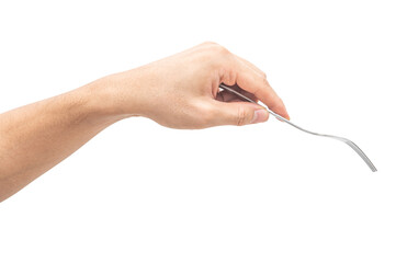 isolated of a man's hand holding a silver steel fork.