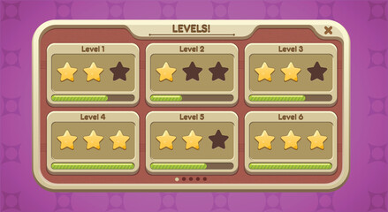 Hyper-casual game ui kit, levels screen with icons and progress bar