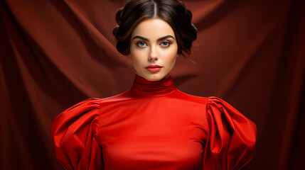 Elegantly Stylish Red Outfit: Fashionable Female Model for Contemporary Magazine Shoot