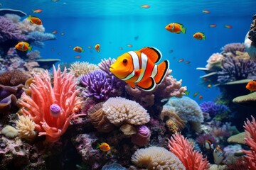 Obraz premium Beautiful colorful sea fish live in an aquarium among various algae and corals. Rare fish species in the aquarium. Red Amphiprion Clown fish. Generative AI.