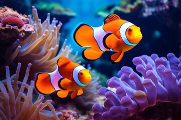 Beautiful colorful sea fish live in an aquarium among various algae and corals. Rare fish species in the aquarium. Red Amphiprion Clown fish. Generative AI. - obrazy, fototapety, plakaty
