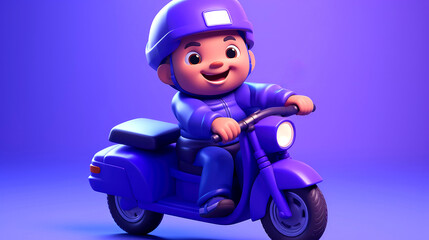 "Energetic 3D Rendered Cartoon Courier Delivering Packages on Bike Against Vibrant Blue Background