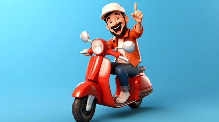 "Energetic 3D Rendered Cartoon Courier Delivering Packages on Bike Against Vibrant Blue Background