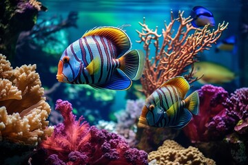 Fototapeta premium Beautiful colorful sea fish live in an aquarium among various algae and corals. Rare fish species in the aquarium. Generative AI.