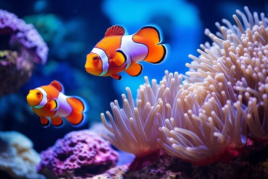 Beautiful colorful sea fish live in an aquarium among various algae and corals. Rare fish species in the aquarium. Red Amphiprion Clown fish. Generative AI.