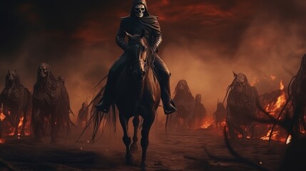 Black horseman of apocalypse riding black horse AI