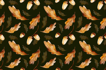 Seamless pattern with wood motifs, oak leaves and acorns with dark backdrop. Digital watercolor illustration