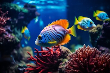 Fototapeta na wymiar Beautiful colorful sea fish live in an aquarium among various algae and corals. Rare fish species in the aquarium. Generative AI.