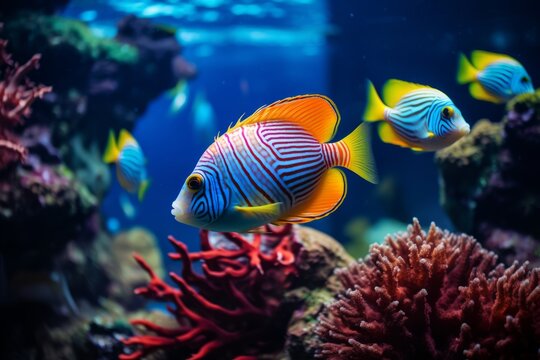 Beautiful colorful sea fish live in an aquarium among various algae and corals. Rare fish species in the aquarium. Generative AI.