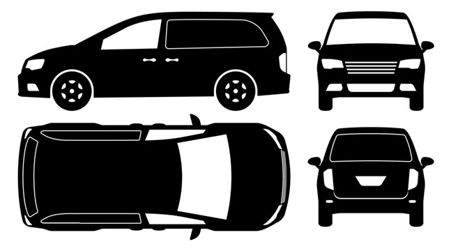 Van Silhouette On A White Background. Vehicle Icons Set View From The Side, Front, Back, And Top