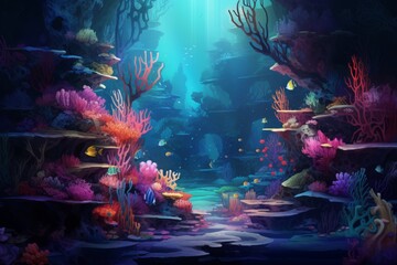 Fototapeta na wymiar Beautiful seabed with colorful fish and coral reef. A postcard from the copy space. The bottom of the ocean with active marine life. Cartoon style, Generative AI.