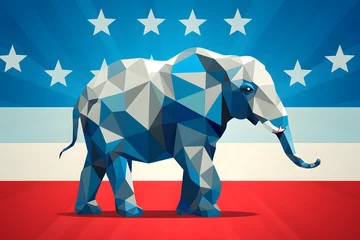 Fototapete Rund republican geometric elephant with American flag pattern on blue and red background © alexandr