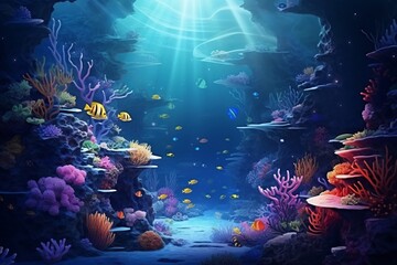 Beautiful seabed with colorful fish and coral reef. A postcard from the copy space. The bottom of the ocean with active marine life. Cartoon style, Generative AI.