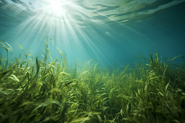 Fototapeta na wymiar Green algae underwater in the water landscape, ecology nature